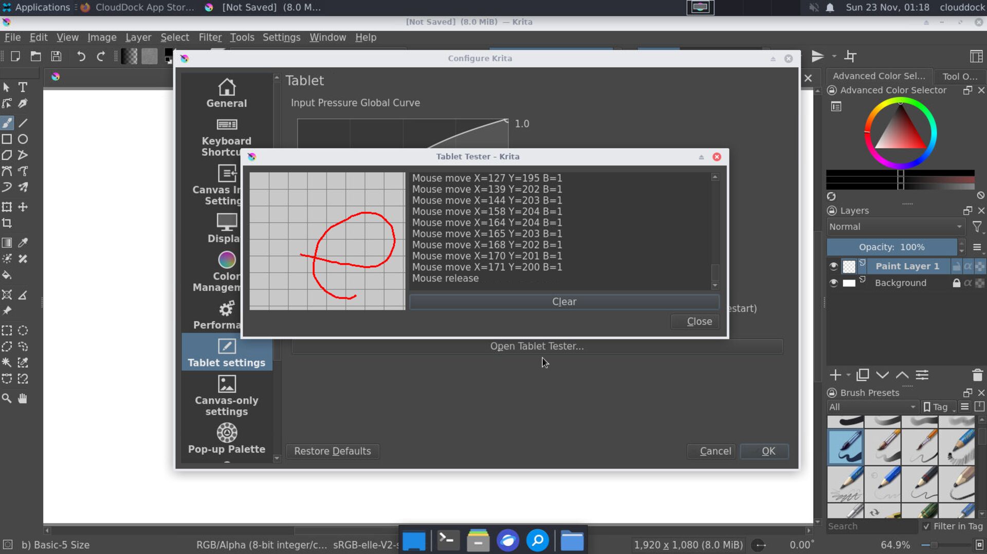 Krita Tablet settings and pressure test