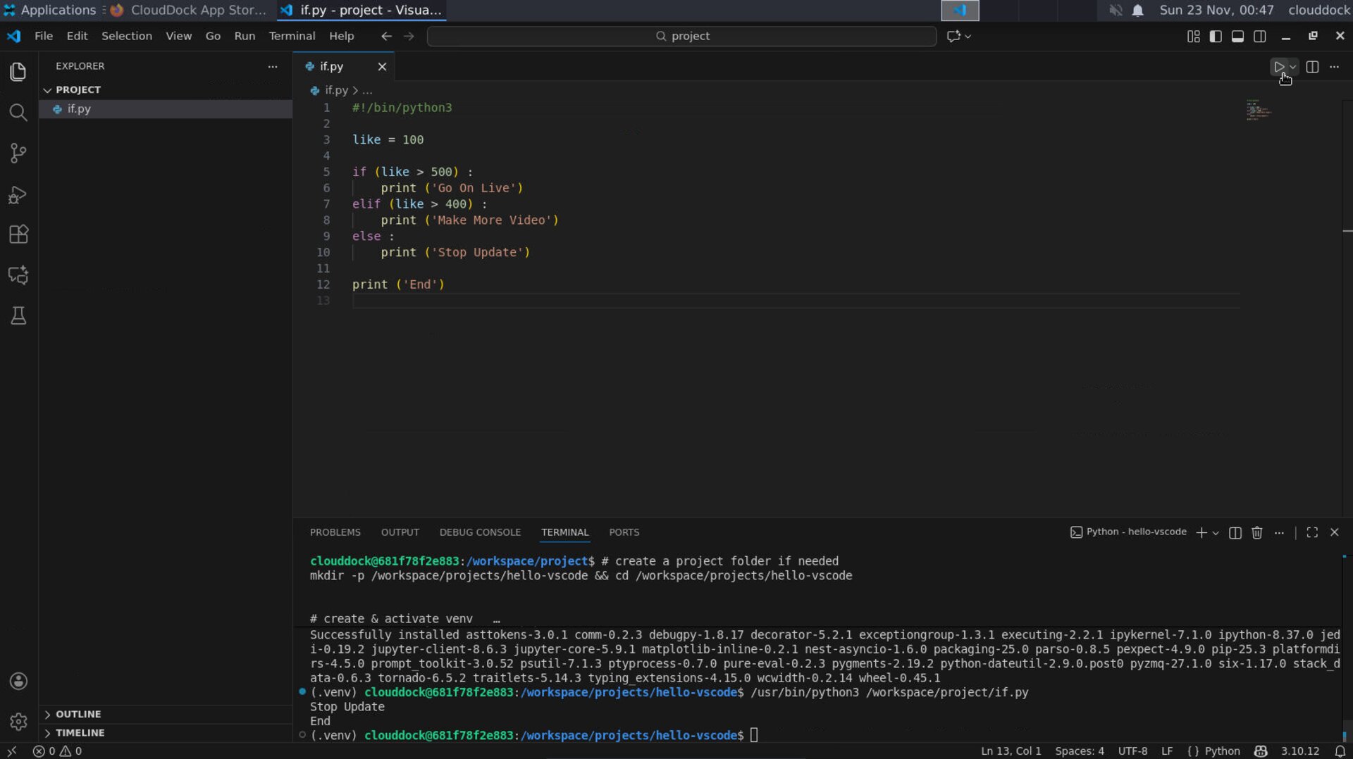 Run a Python script in the integrated terminal