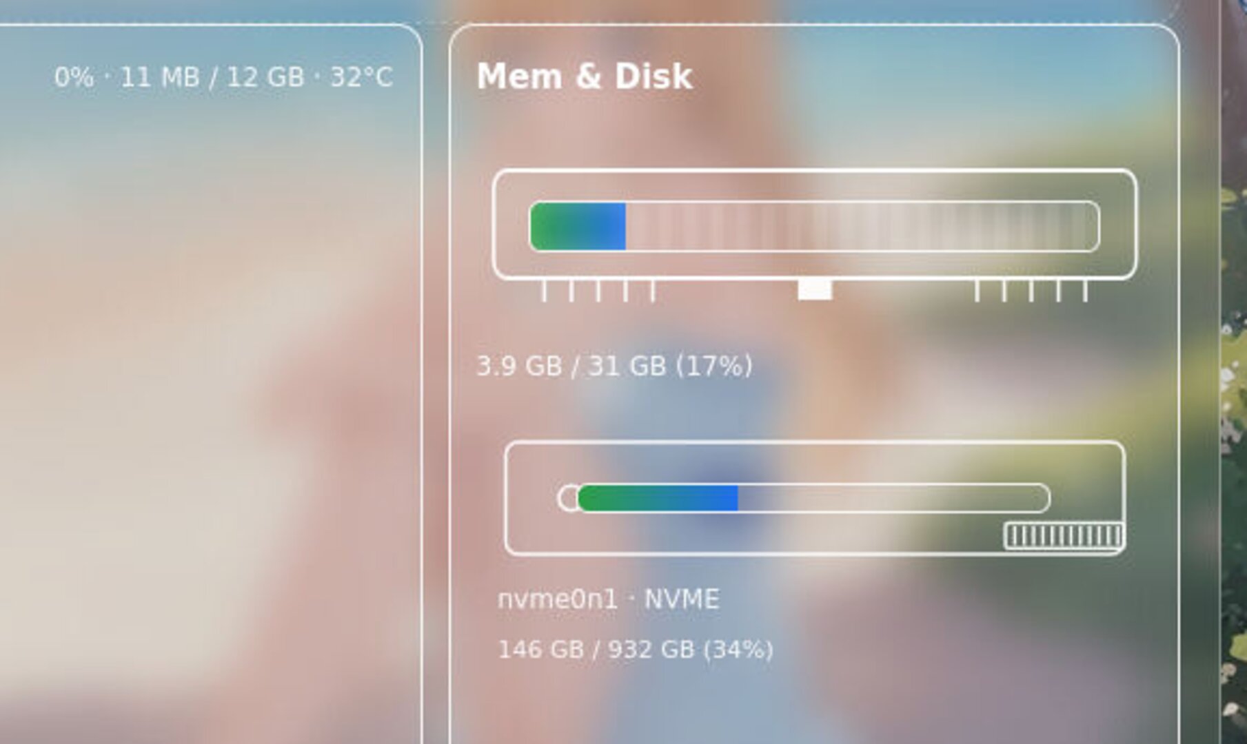 System panel memory and disk usage