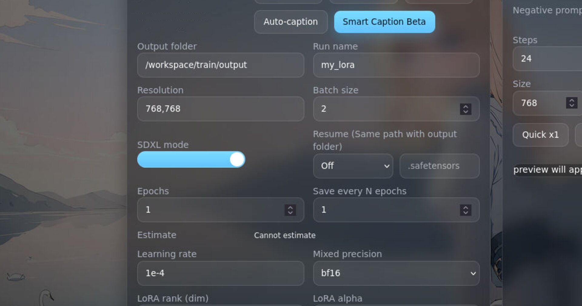 SDXL training configuration panel