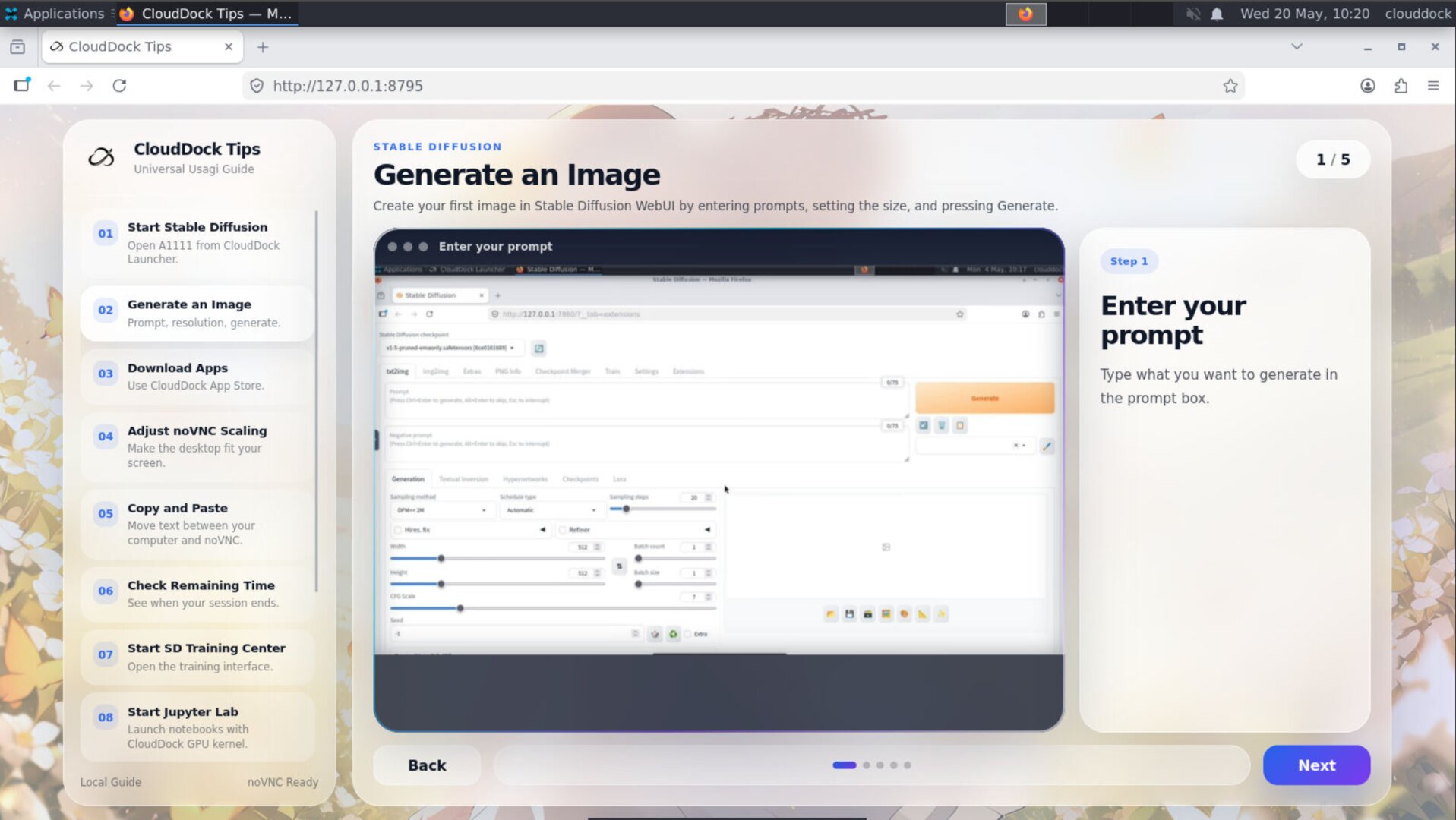 CloudDock Tips first image generation tutorial