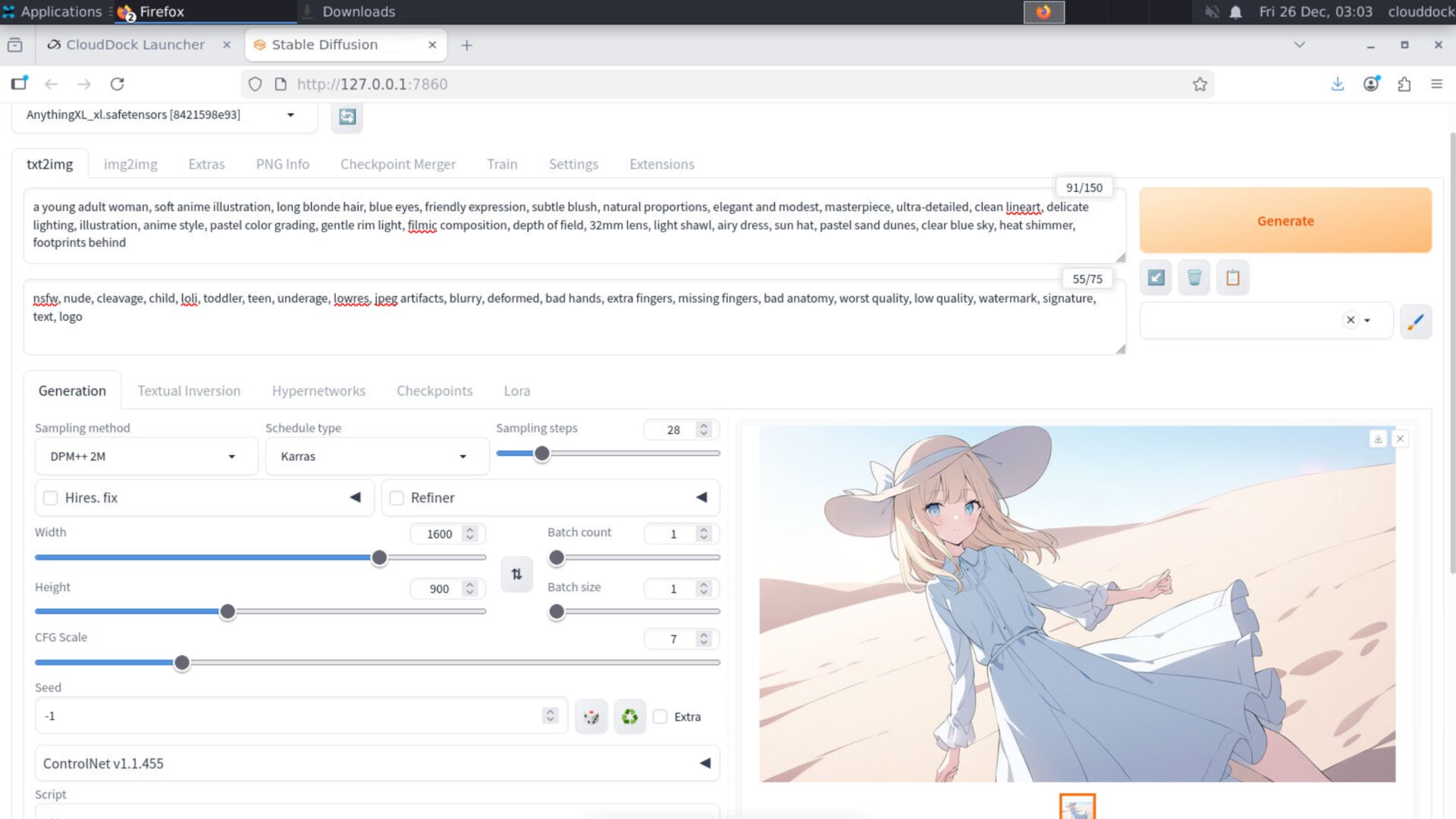 A1111 txt2img generation panel with prompt, sampler, steps and output gallery
