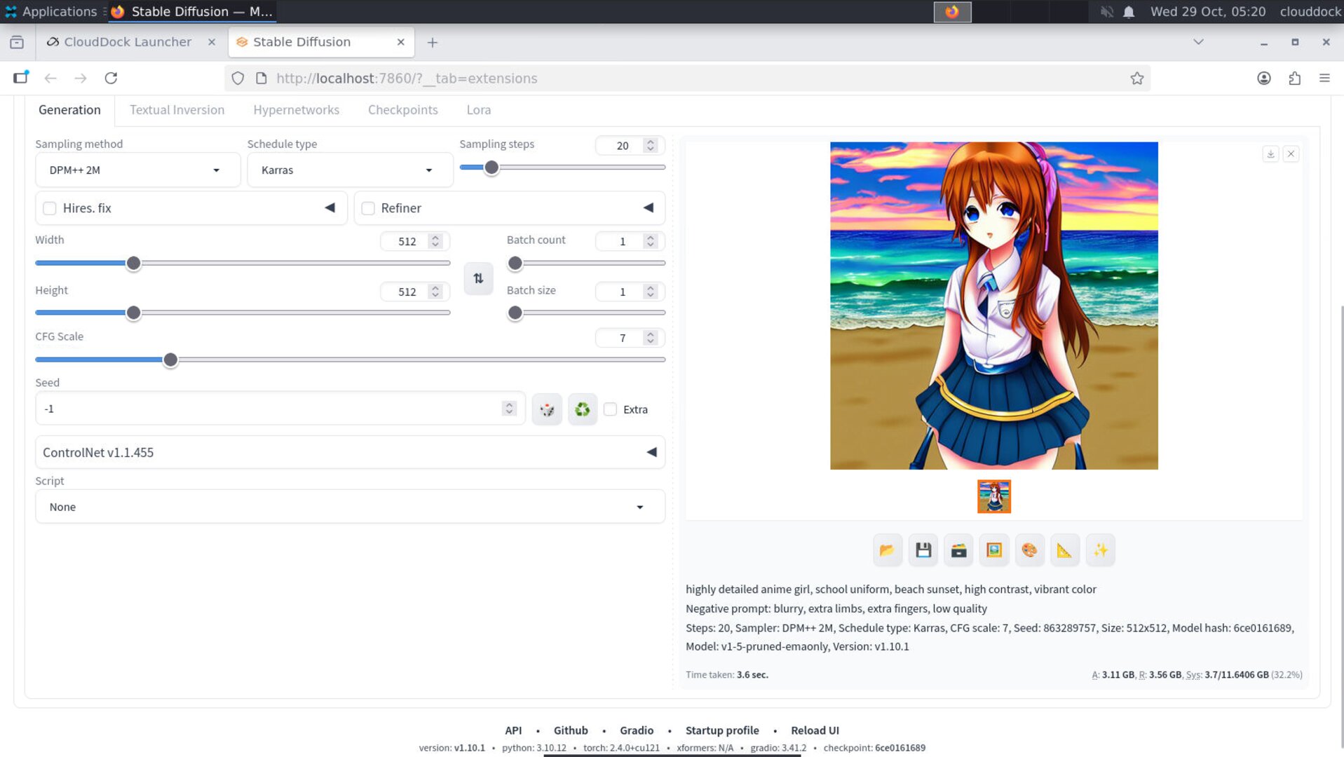 A generated anime-style character preview in the Stable Diffusion gallery after clicking Generate