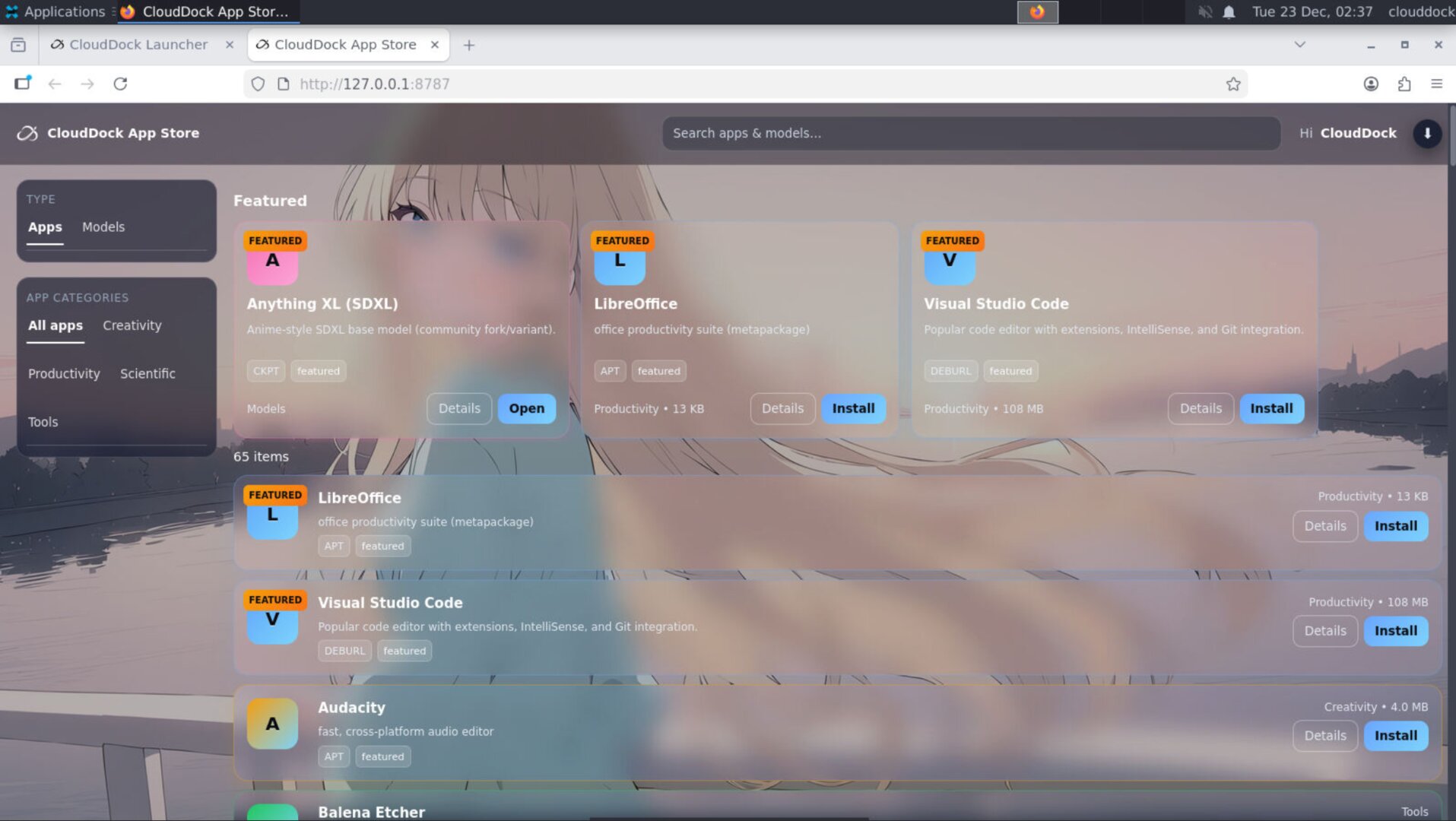 CloudDock App Store interface showing app listings and categories