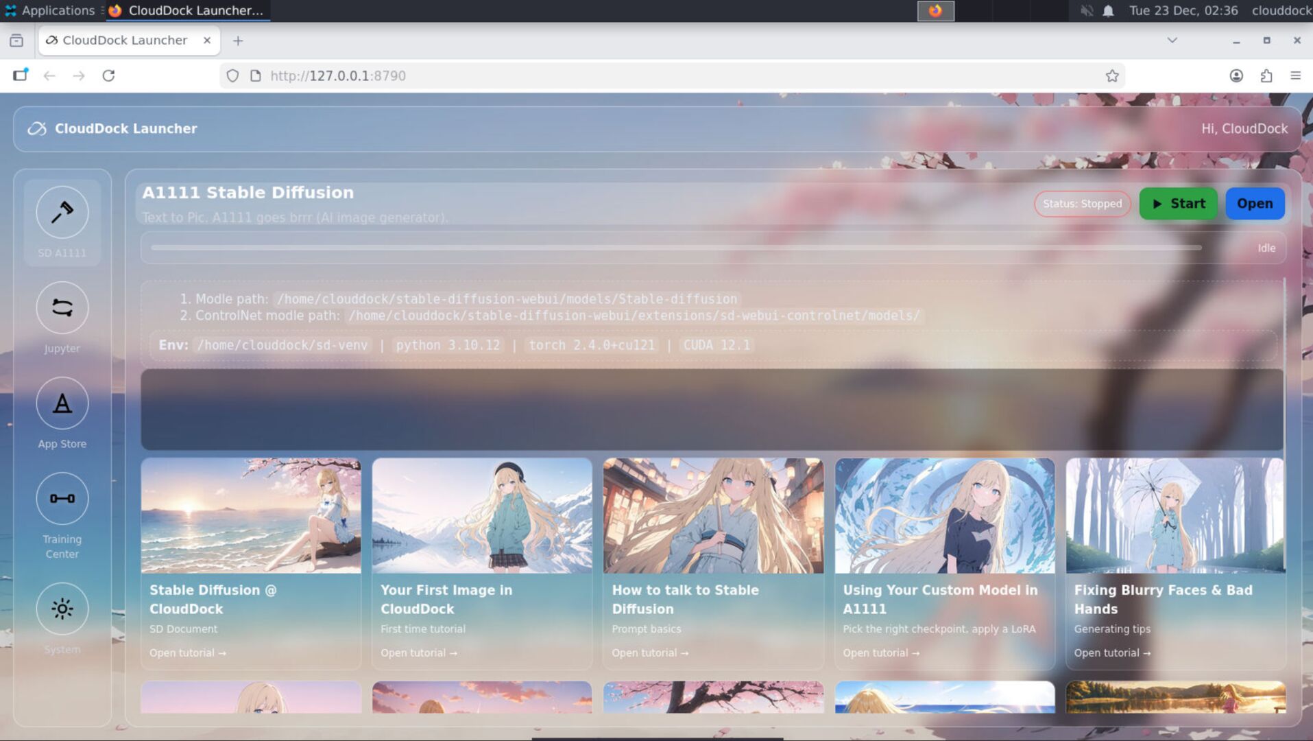CloudDock Launcher home screen with buttons to SD, Training Center, App Store, and DeepSpeed Console