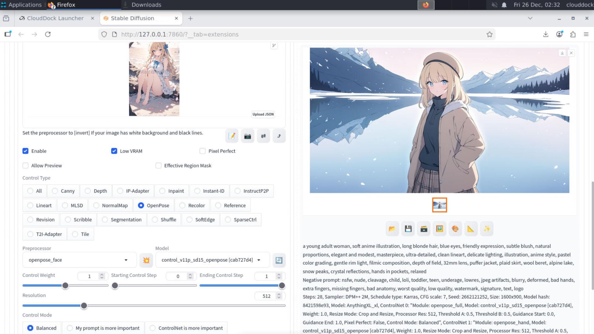 Diagram showing ControlNet stack: pose soft, face medium, hand strong