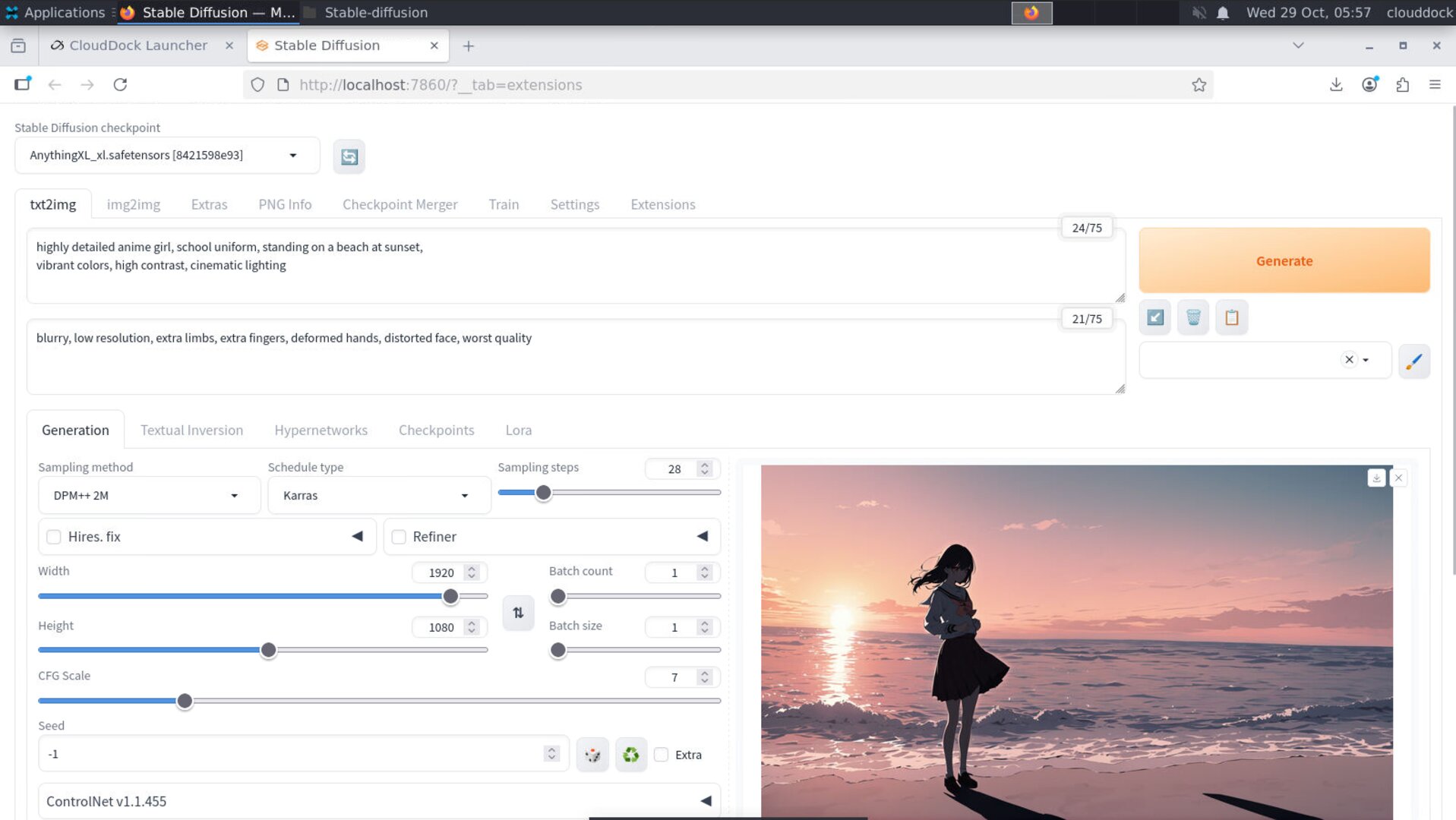 Negative prompt field populated with blurry, extra limbs, extra fingers, worst quality, etc.