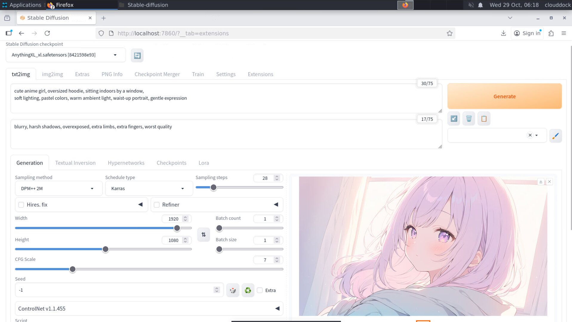 Soft pastel indoor portrait of an anime-style character in a hoodie by a warm window
