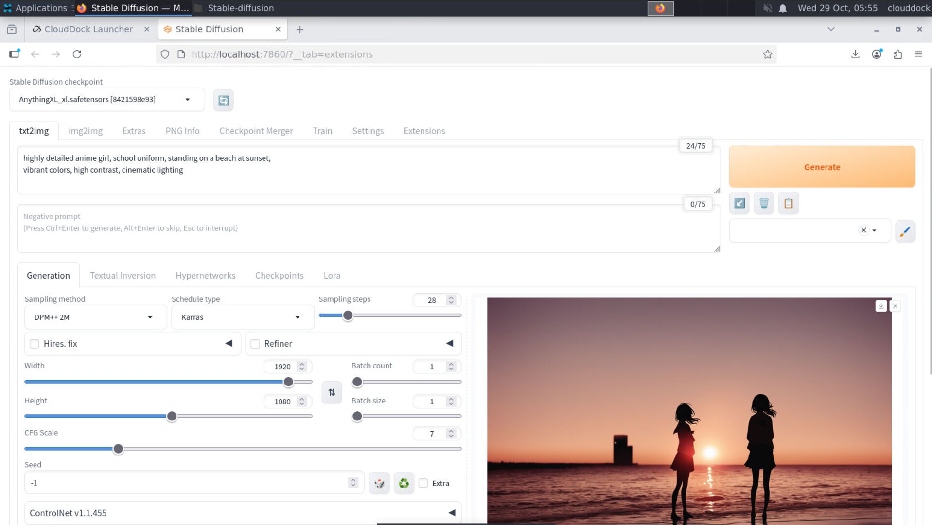 Anime-style character in a school uniform standing on a sunset beach, vibrant colors