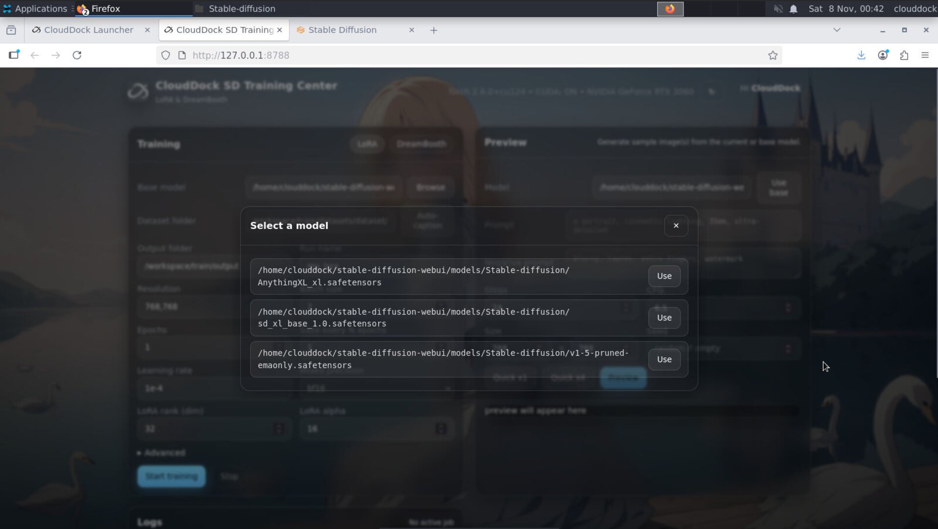Training preset with base family and checkpoint selector