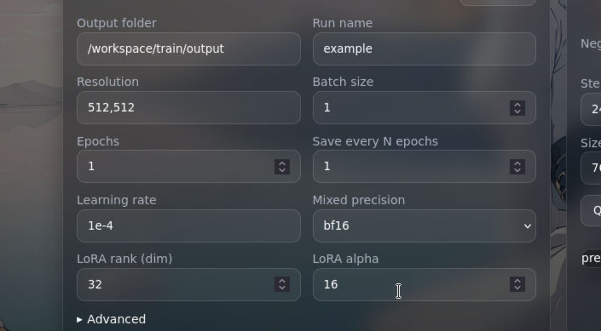 Preset parameter panel with resolution/steps/optimizer
