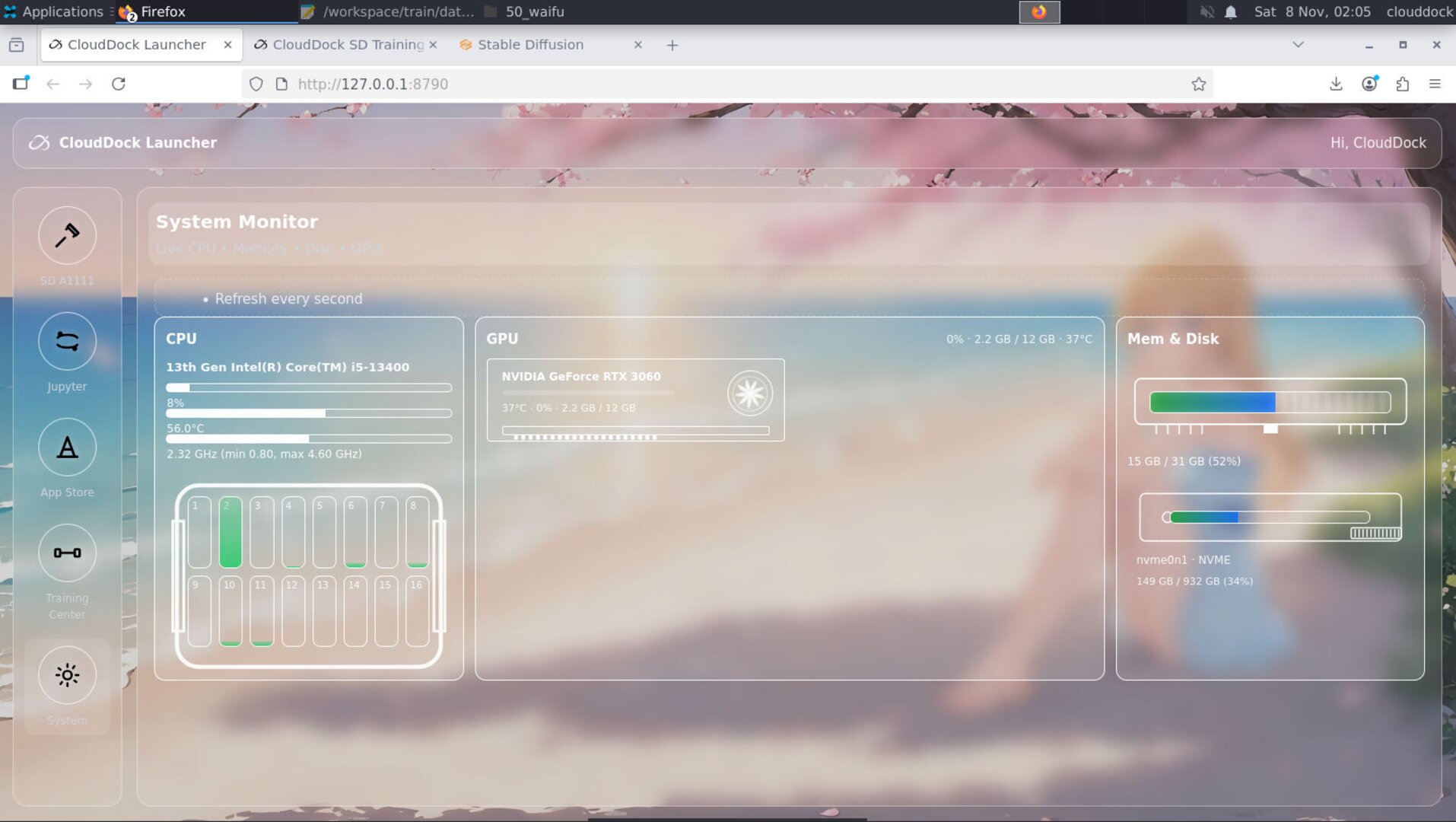 System panel showing VRAM and disk usage