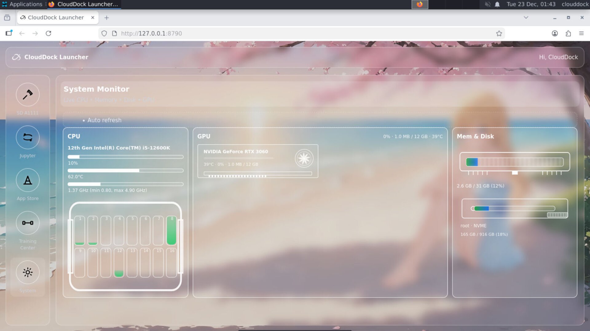 Universal Usagi overview showing Launcher, A1111, Training Center, and App Store