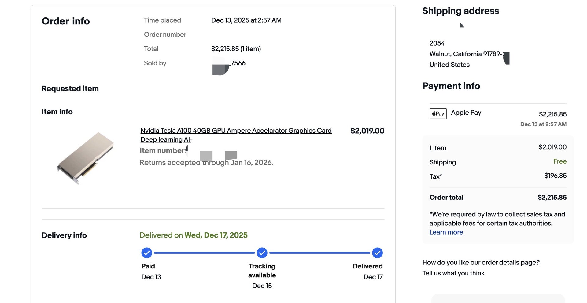 Order receipt (redacted)