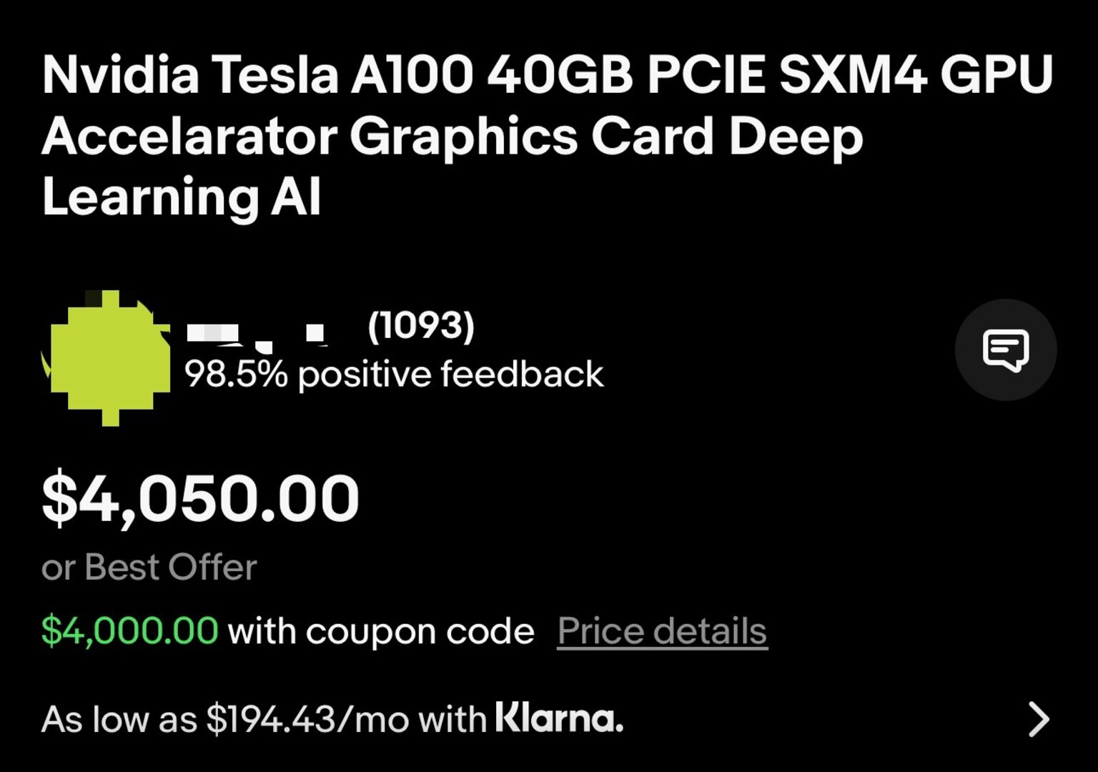 eBay listing screenshot (normal seller). Seller shows feedback percentage and a feedback count in parentheses.