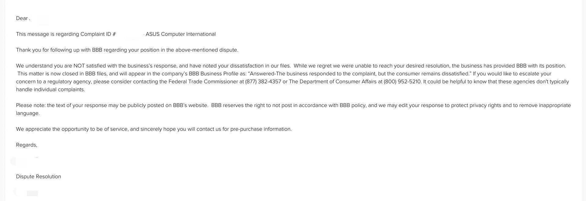 BBB closure email screenshot